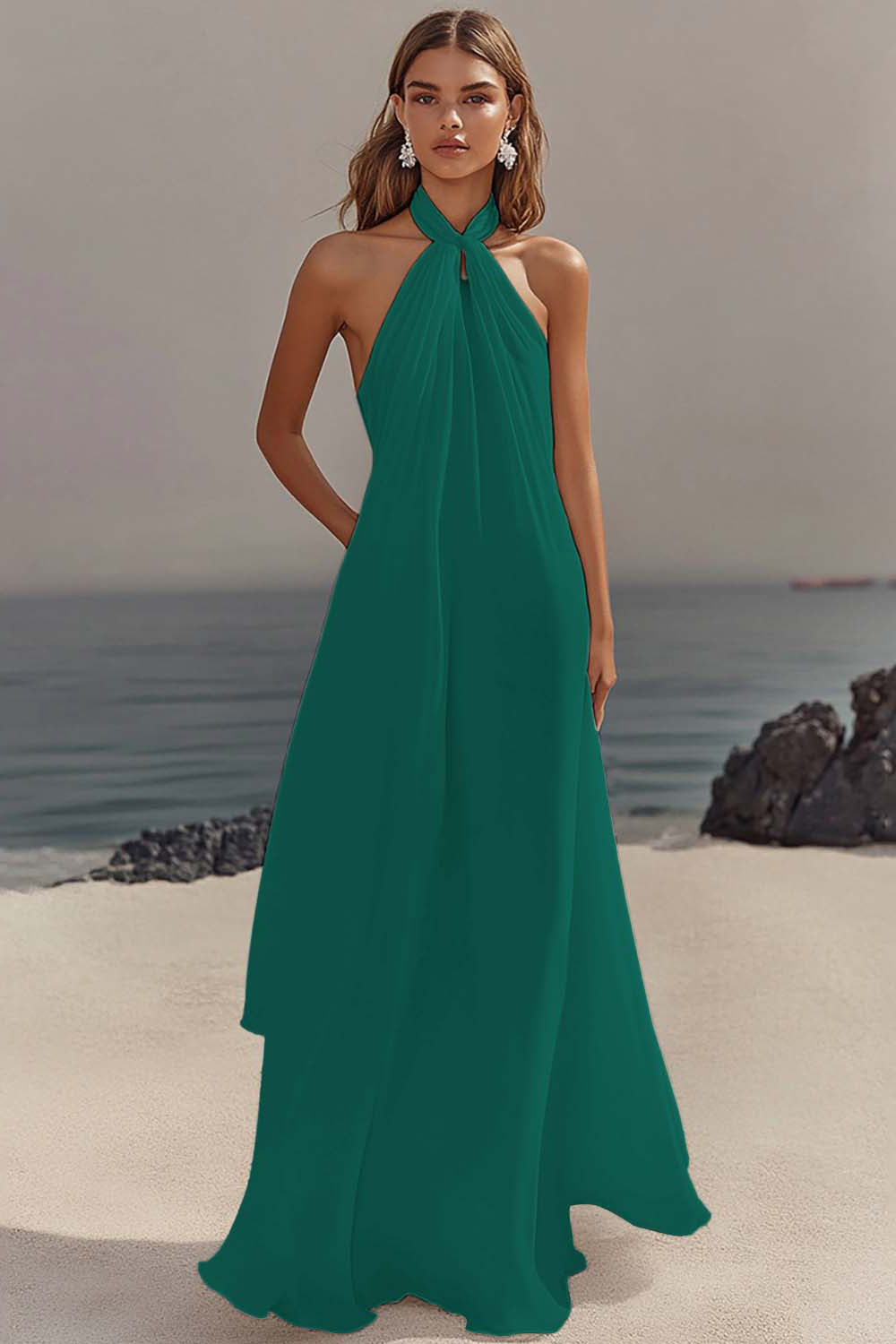 Chiffon White A Line Halter Long Rehearsal Dinner Dress