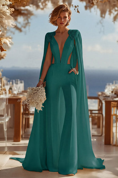 Ivory Deep V-Neck Cut Out Bridal Jumpsuits with Cape