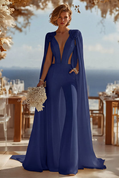 Ivory Deep V-Neck Cut Out Bridal Jumpsuits with Cape