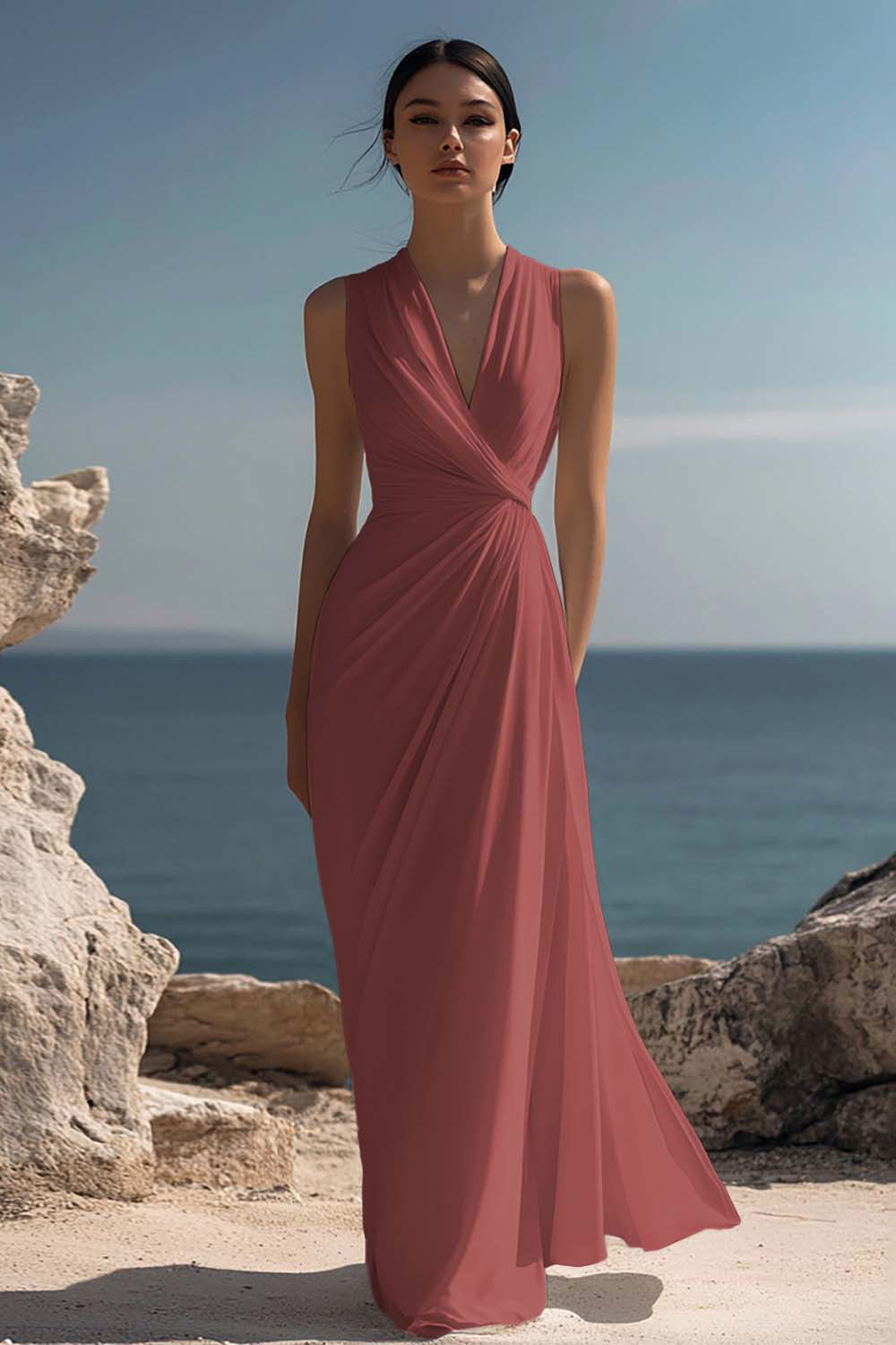 White Chiffon Sheath Ruched Sleeveless Long Rehearsal Dinner Dress