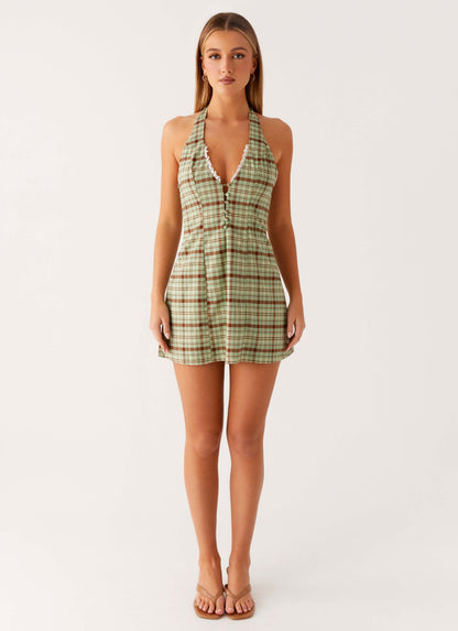 Dunia Halter Mini Dress - Forest Plaid