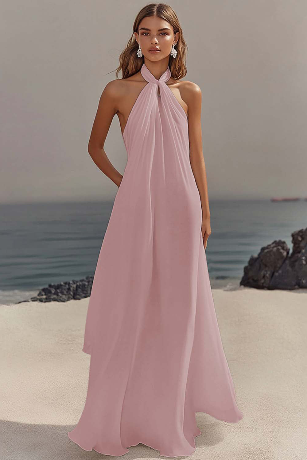 Chiffon White A Line Halter Long Rehearsal Dinner Dress