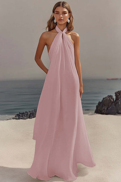 Chiffon White A Line Halter Long Rehearsal Dinner Dress