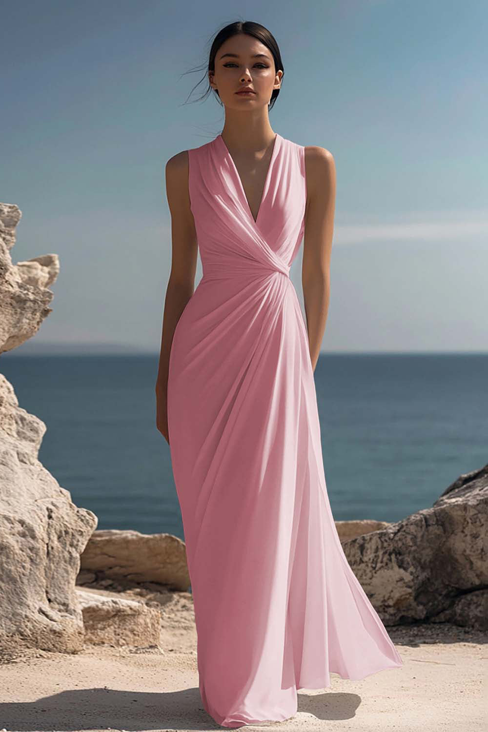White Chiffon Sheath Ruched Sleeveless Long Rehearsal Dinner Dress