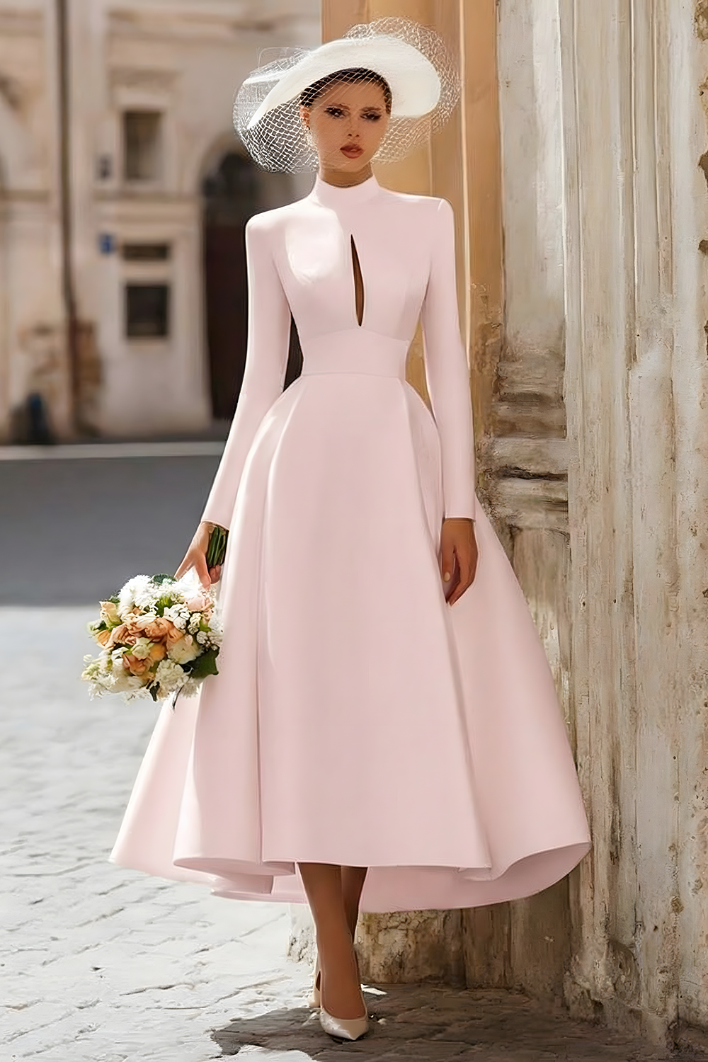 Vintage Ivory Keyhole High Neck Satin A Line Long Sleeves Wedding Dress