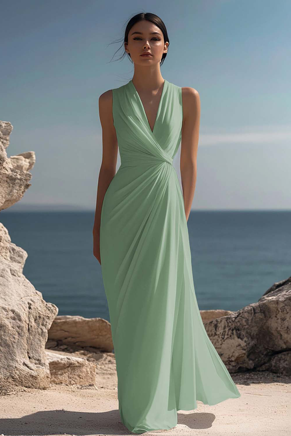 White Chiffon Sheath Ruched Sleeveless Long Rehearsal Dinner Dress