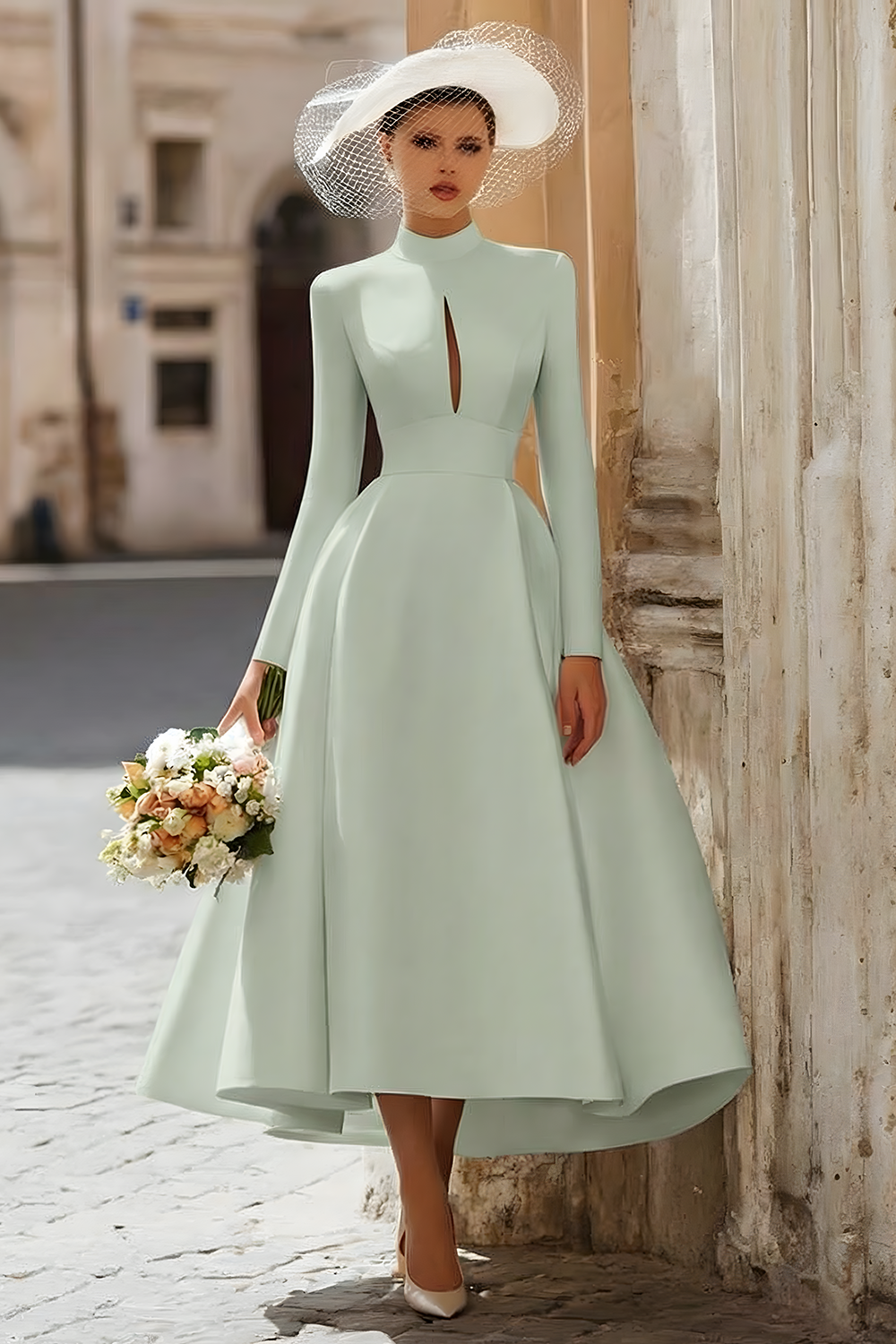 Vintage Ivory Keyhole High Neck Satin A Line Long Sleeves Wedding Dress