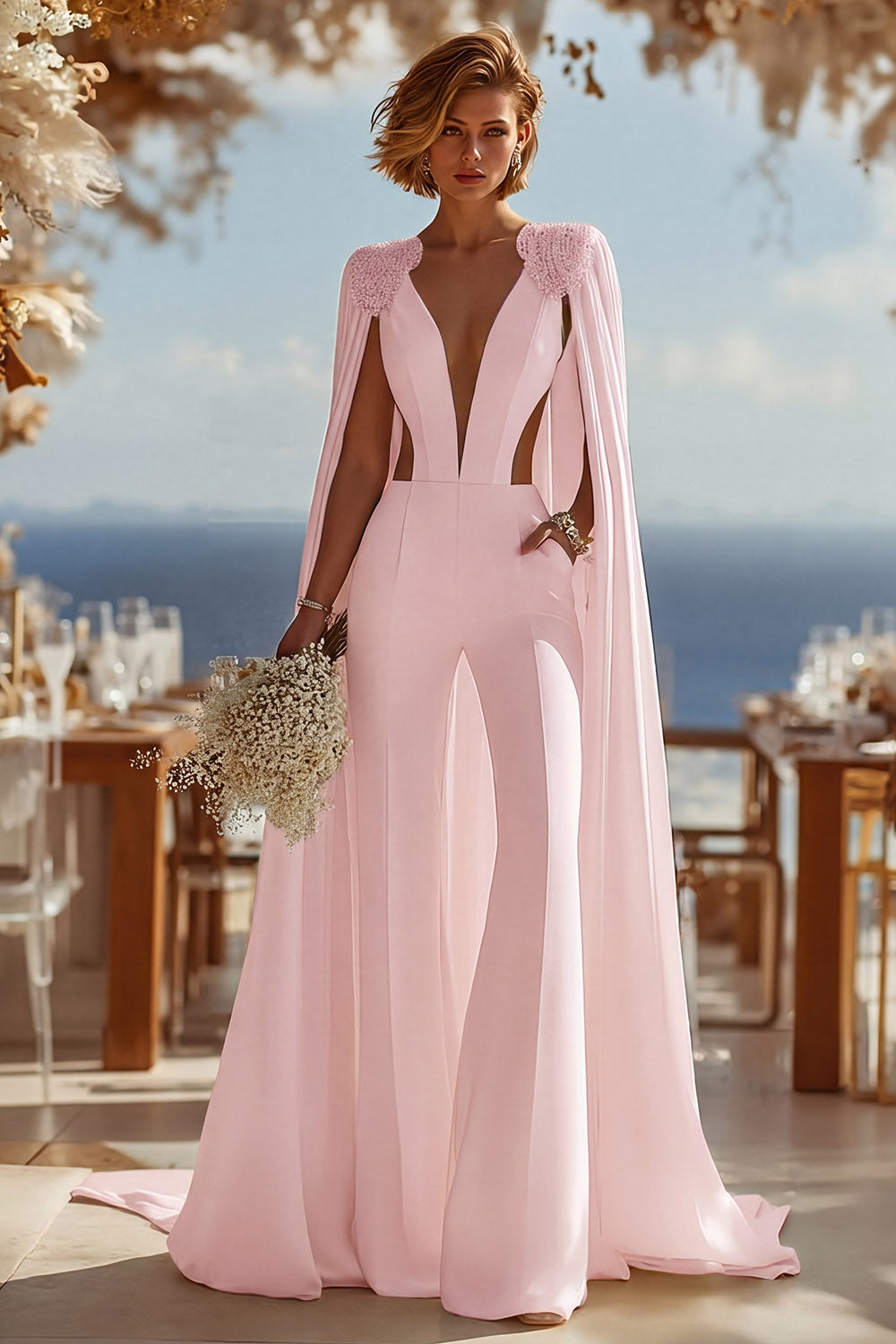 Ivory Deep V-Neck Cut Out Bridal Jumpsuits with Cape