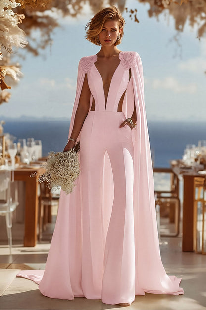 Ivory Deep V-Neck Cut Out Bridal Jumpsuits with Cape