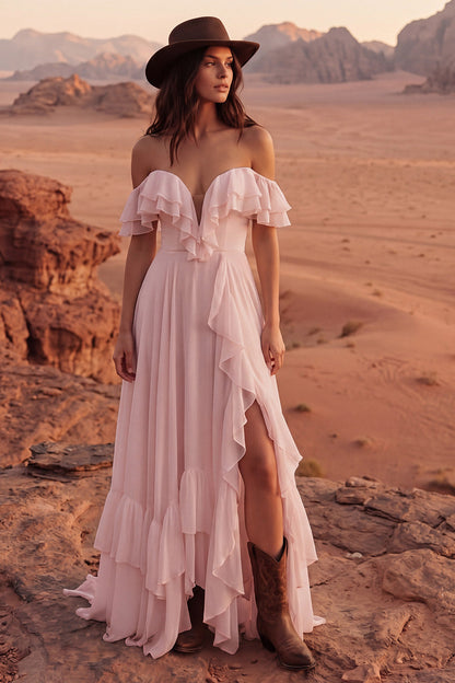 Ivory A Line Maxi Off the Shoulder Beach Wedding Dress with Ruffles