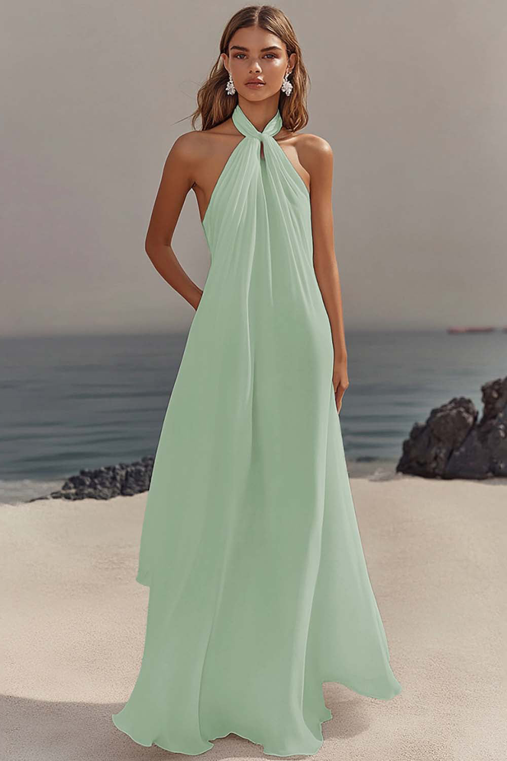 Chiffon White A Line Halter Long Rehearsal Dinner Dress