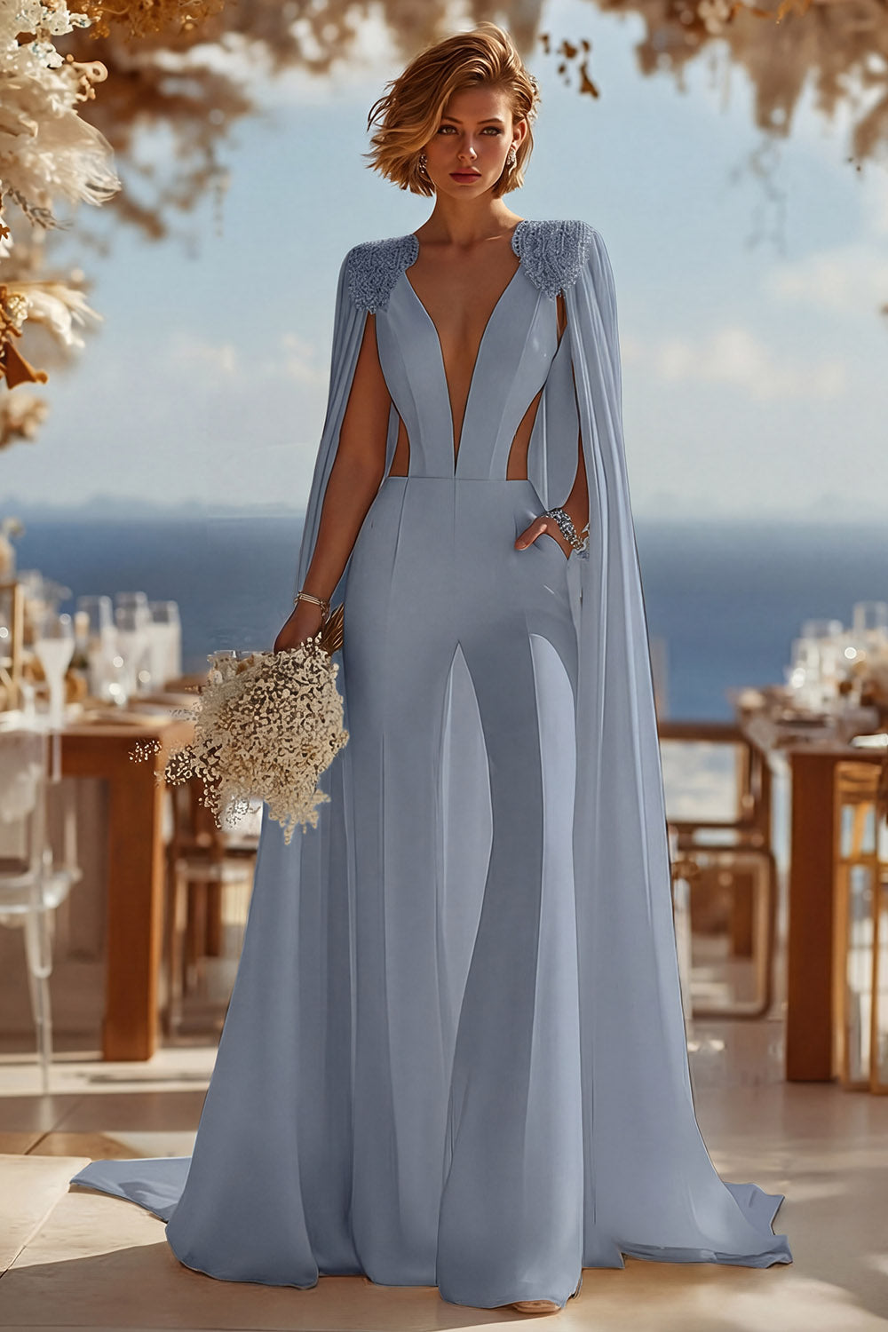 Ivory Deep V-Neck Cut Out Bridal Jumpsuits with Cape