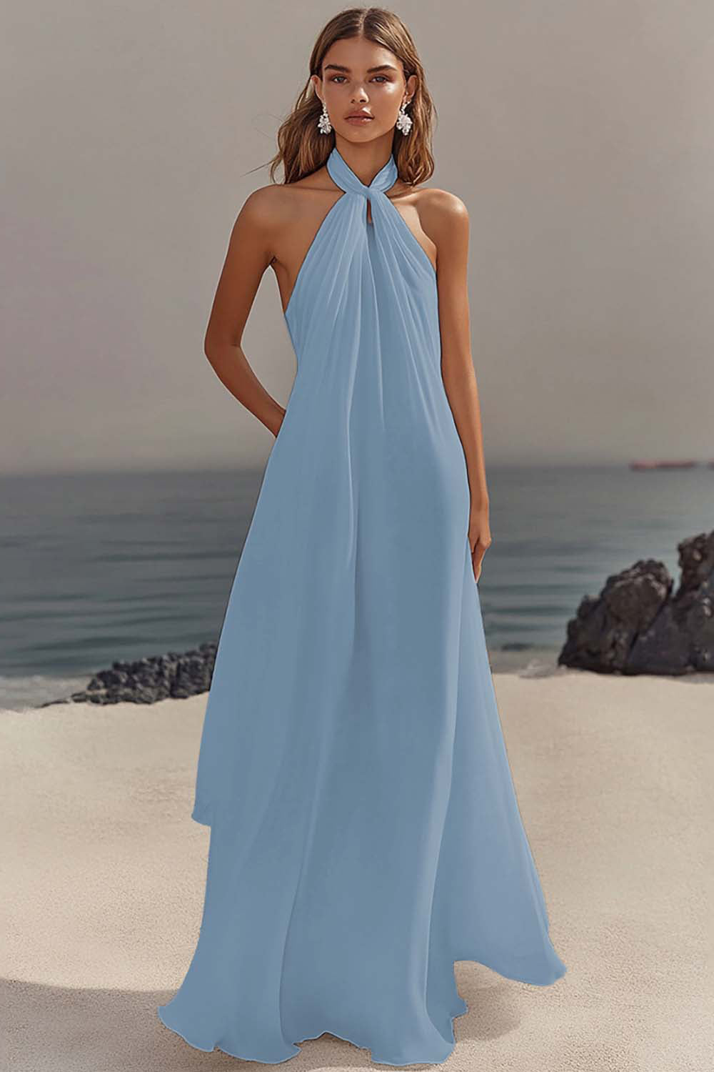 Chiffon White A Line Halter Long Rehearsal Dinner Dress
