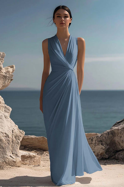 White Chiffon Sheath Ruched Sleeveless Long Rehearsal Dinner Dress