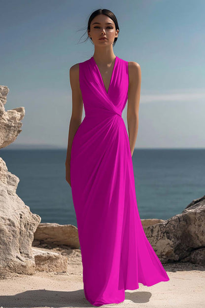 White Chiffon Sheath Ruched Sleeveless Long Rehearsal Dinner Dress