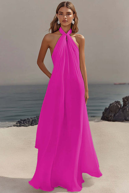 Chiffon White A Line Halter Long Rehearsal Dinner Dress