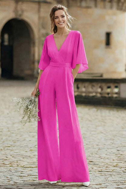 Ivory V-Neck Half Sleeves Long Wedding Jumpsuits with Pockets
