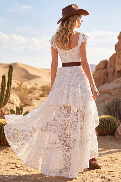 White High Low Lace A Line Boho Western Wedding Dress with Ruffles