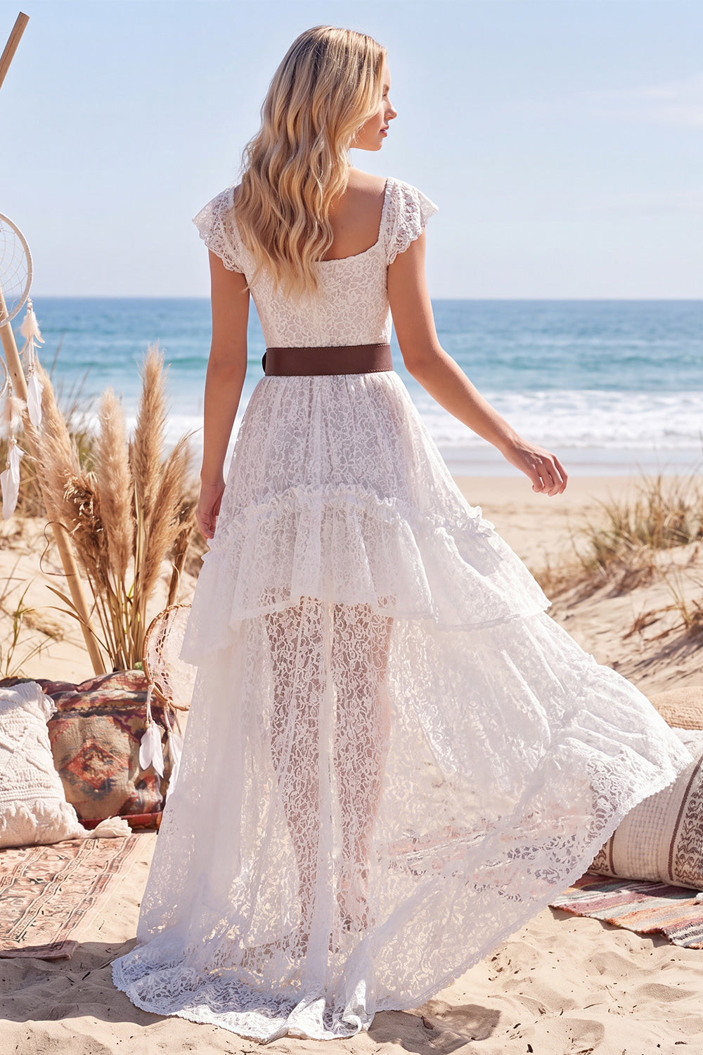 White High Low Lace A Line Boho Western Wedding Dress with Ruffles