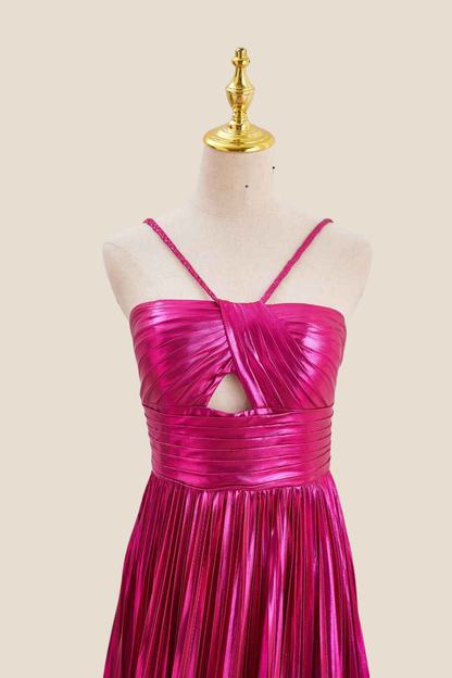 Halter Fuchsia Pleated Metallic Long Dress