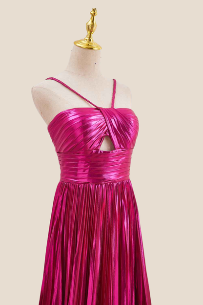 Halter Fuchsia Pleated Metallic Long Dress