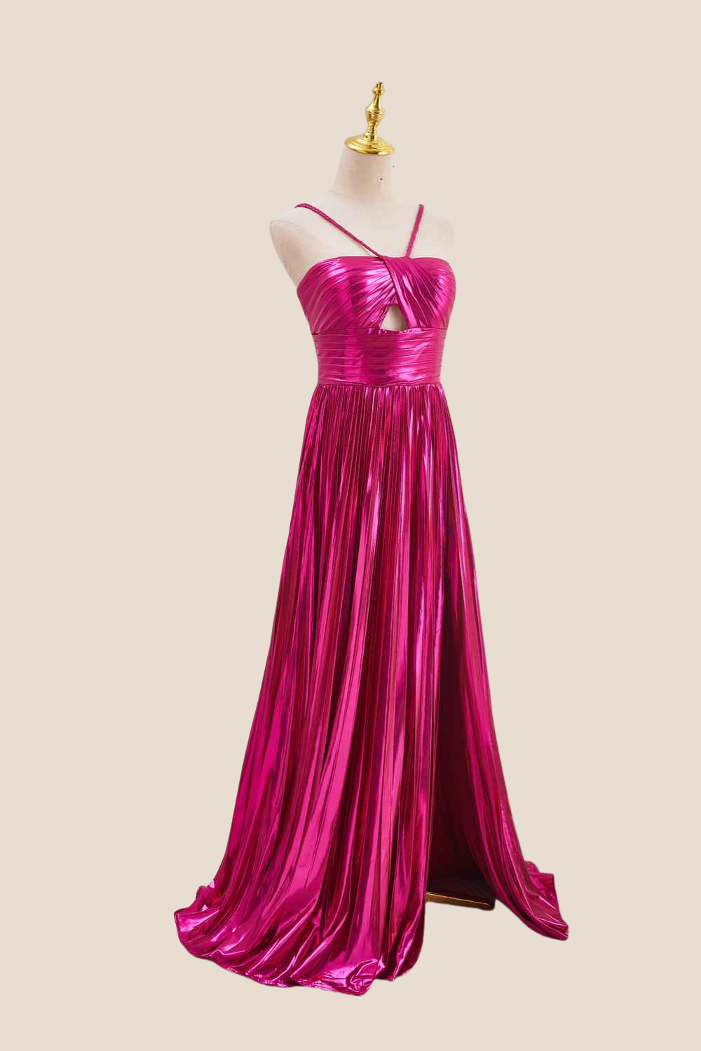 Halter Fuchsia Pleated Metallic Long Dress
