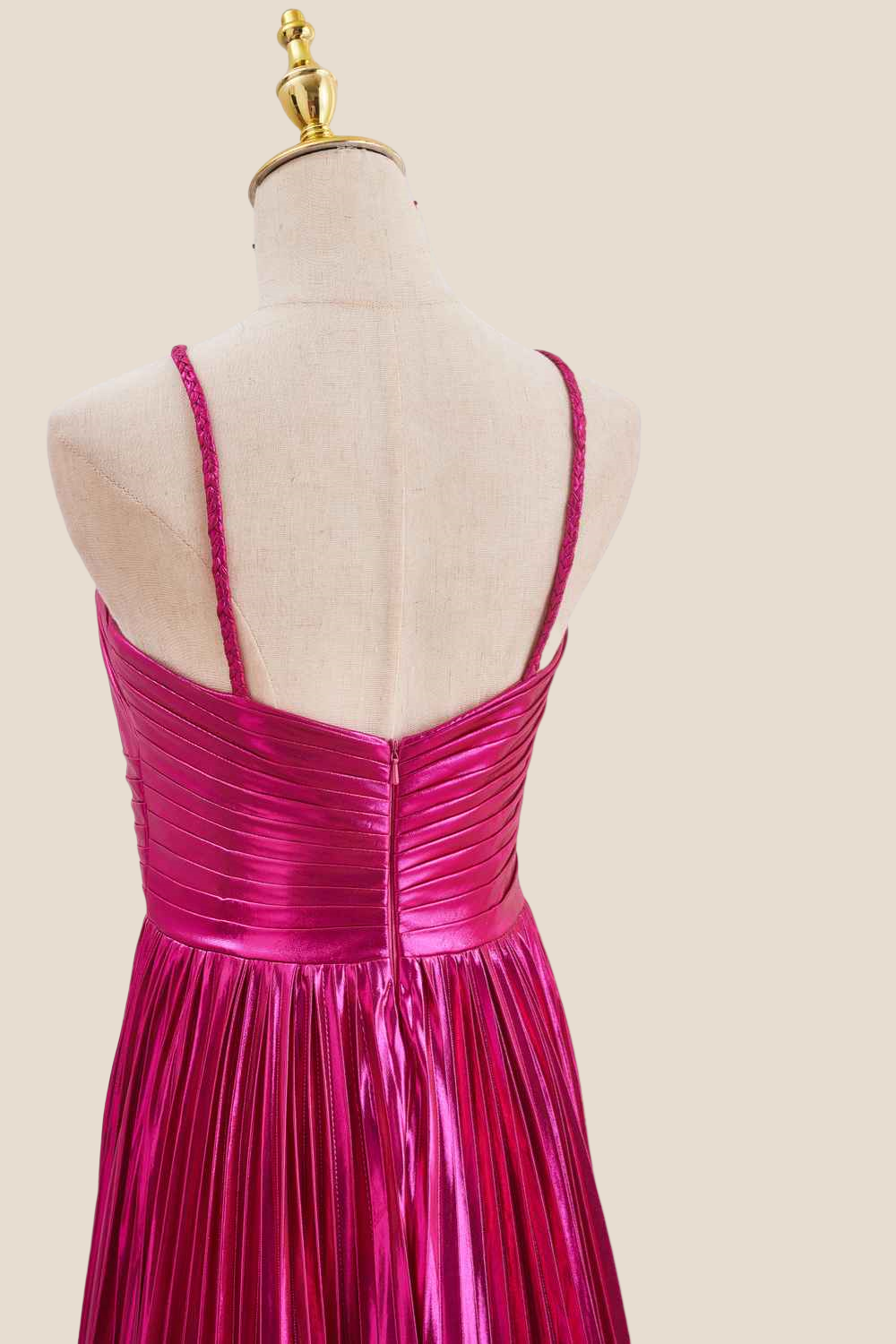 Halter Fuchsia Pleated Metallic Long Dress