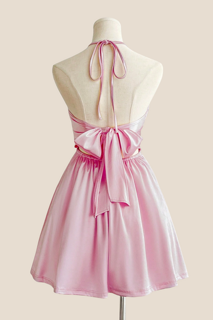 Halter Lavender Back Tie A-line Short Dress