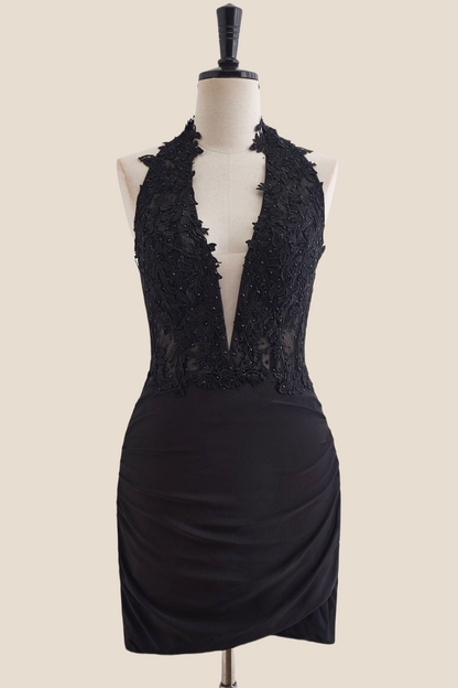 Halter Black Appliques Ruched Bodycon Short Dress