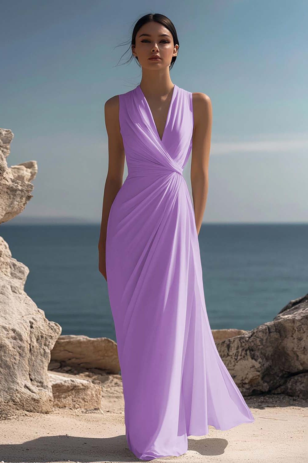 White Chiffon Sheath Ruched Sleeveless Long Rehearsal Dinner Dress