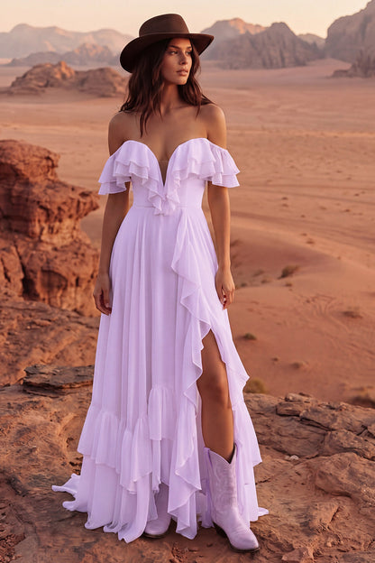 Ivory A Line Maxi Off the Shoulder Beach Wedding Dress with Ruffles