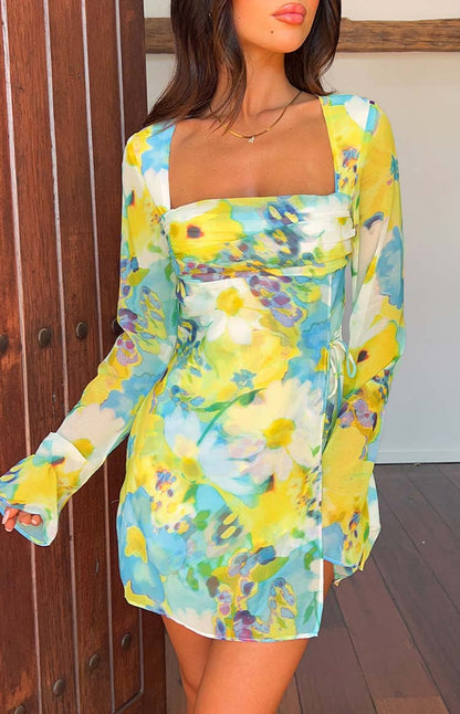 Lucy Blue Floral Long Sleeve Mini Dress