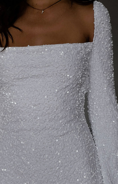 Marienne White Velvet Sequin Long Sleeve Mini Dress