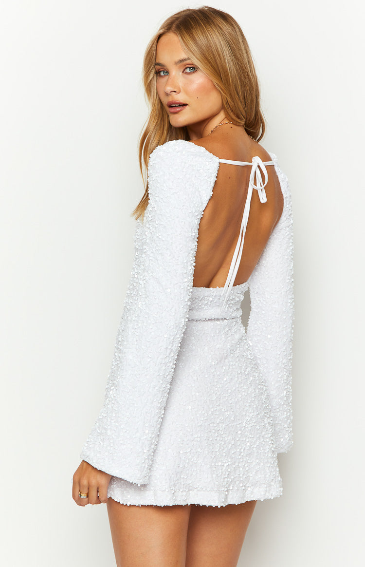 Marienne White Velvet Sequin Long Sleeve Mini Dress
