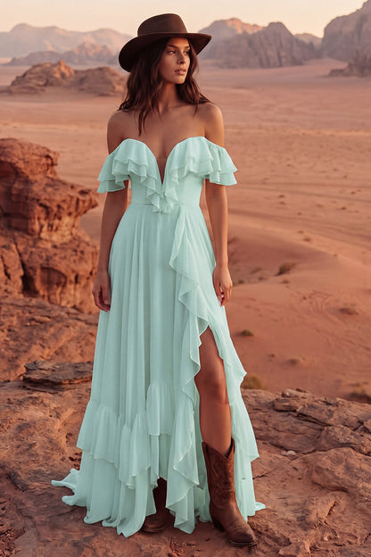 Ivory A Line Maxi Off the Shoulder Beach Wedding Dress with Ruffles