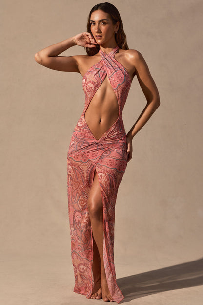 Cut-Out Halterneck Maxi Dress in Paisley Print