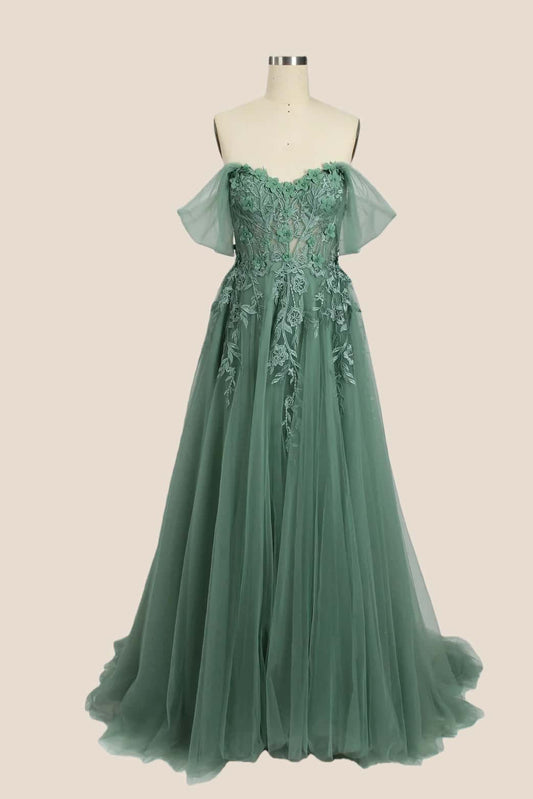 Green Floral Embroidery Strapless A-line Formal Dress