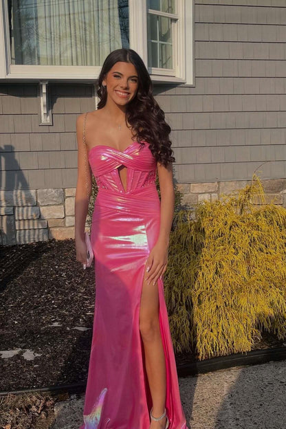 Fuchsia Ruched Sweetheart Metallic Fitted Party Dress