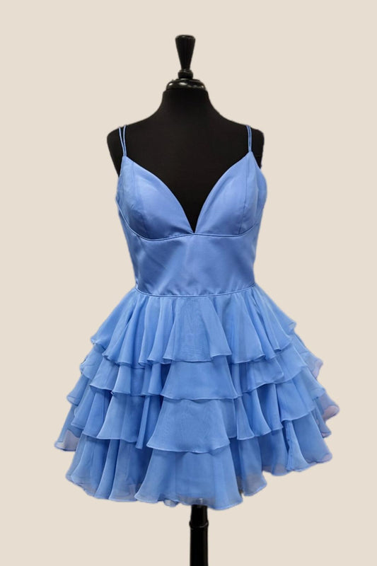 Double Straps Blue High Waist Tiered Short Dress