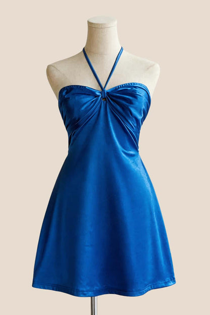 Halter Light Blue Back Tie A-line Short Dress