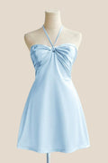 Halter Light Blue Back Tie A-line Short Dress