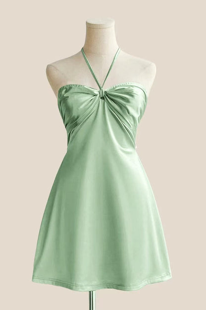 Halter Light Blue Back Tie A-line Short Dress