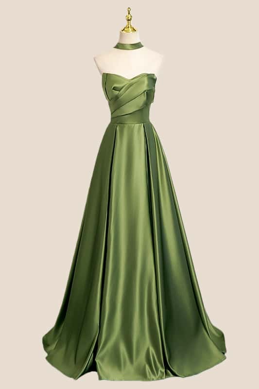 Green Satin Ruched A-line Long Formal Dress