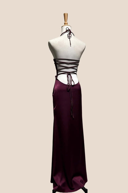 Halter Grape Satin Fitted Long Formal Dress