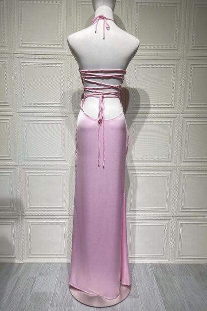Halter Grape Satin Fitted Long Formal Dress