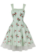 Green Plaid Swing Dress with Floral Prints