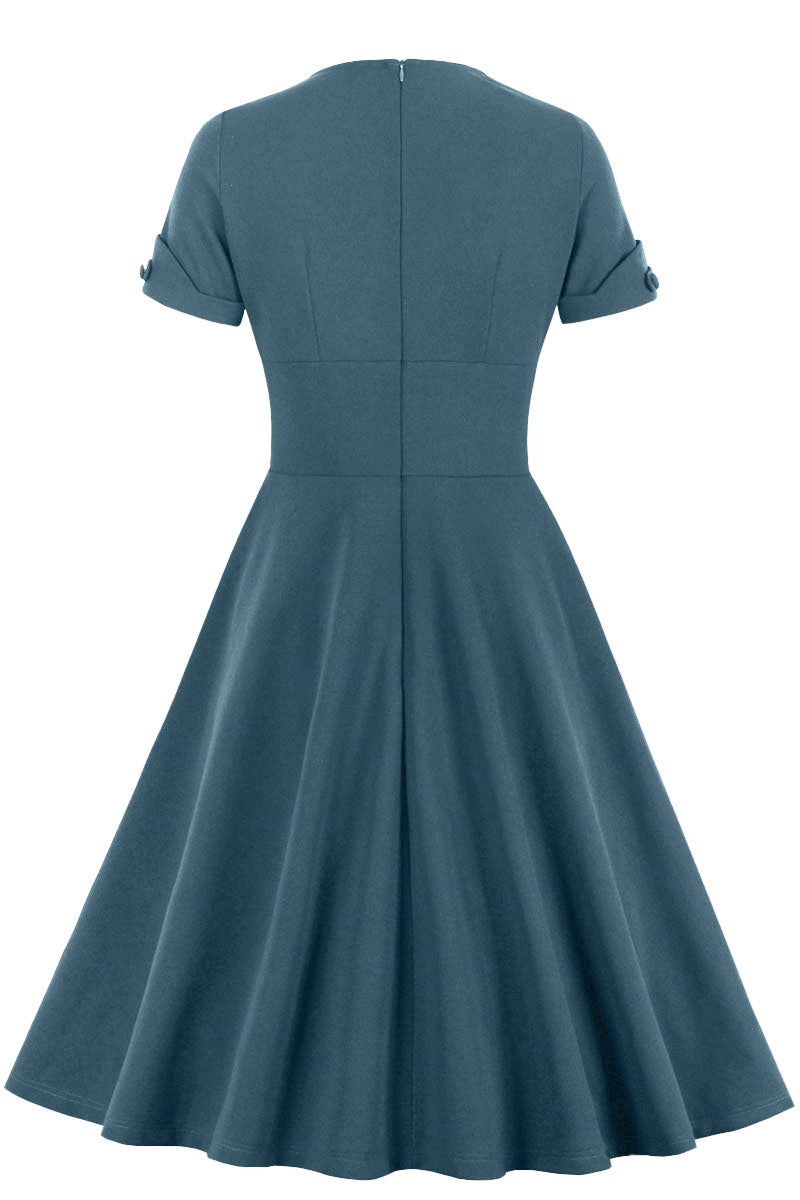 Green V Neck A-line Short Dress with Short Sleeves