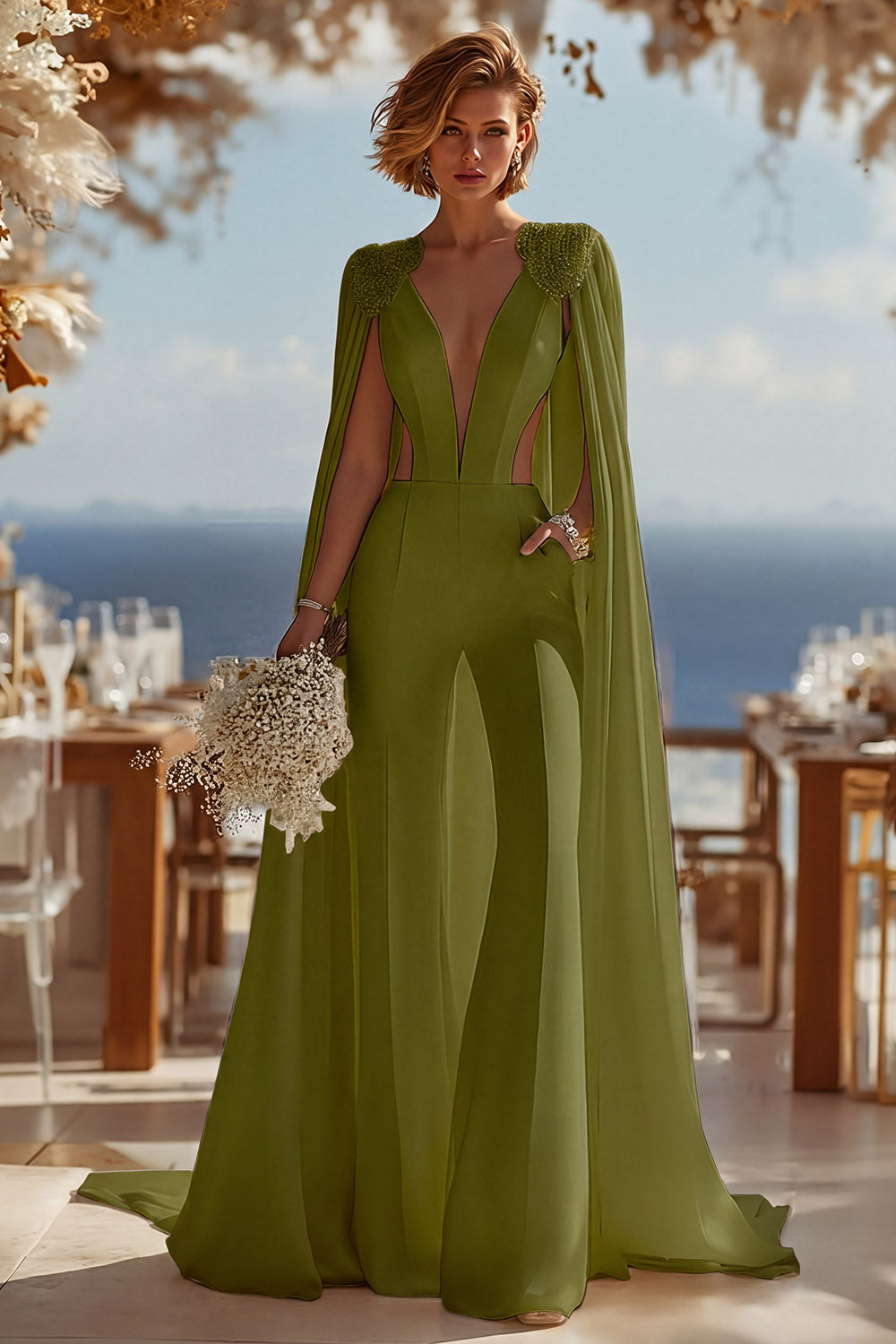 Ivory Deep V-Neck Cut Out Bridal Jumpsuits with Cape