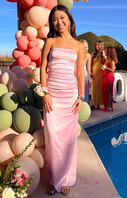 Pink Bloom Satin Strapless Maxi Dress