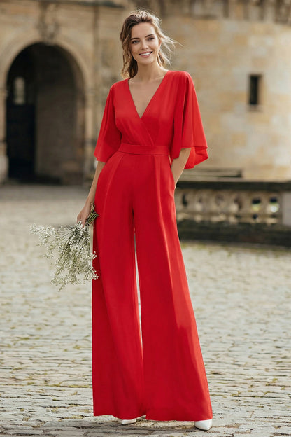 Ivory V-Neck Half Sleeves Long Wedding Jumpsuits with Pockets